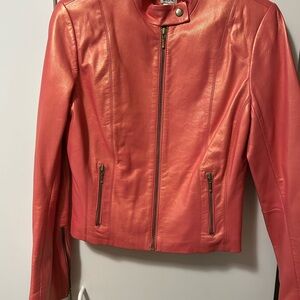 Pink Leather Motorcycle Jacket with Stand-Up Collar